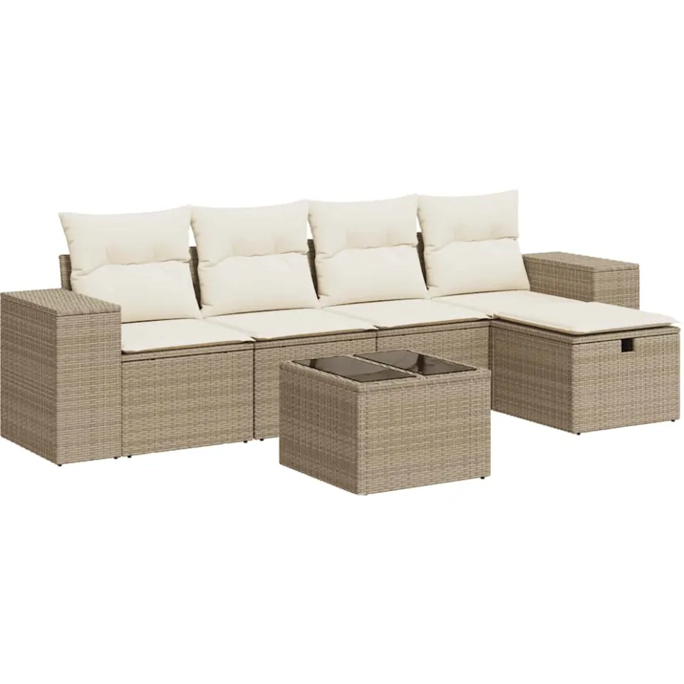 vidaXL 6-delige Loungeset met kussens poly rattan beige, foto 3
