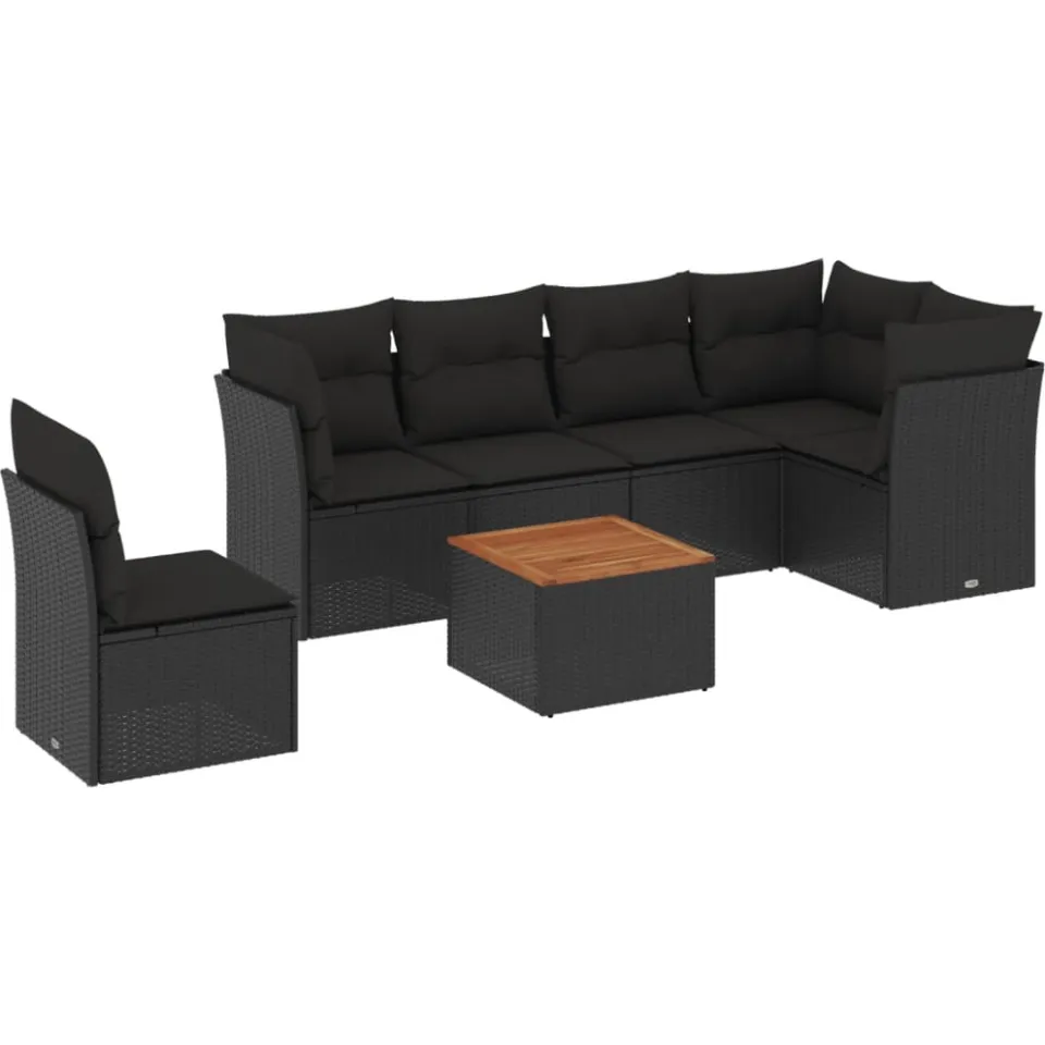 vidaXL 7-delige Loungeset met kussens poly rattan zwart