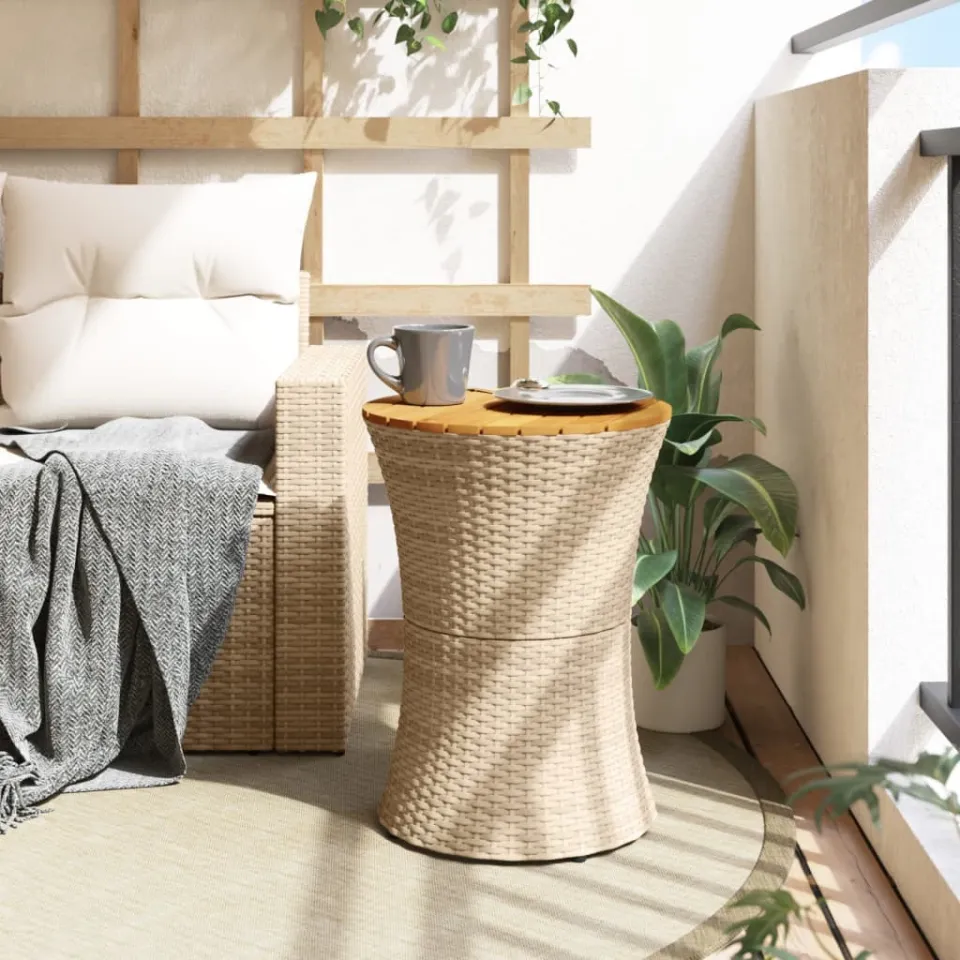 vidaXL Tuinbijzettafel trommelvormig poly rattan en massief hout beige, foto 3