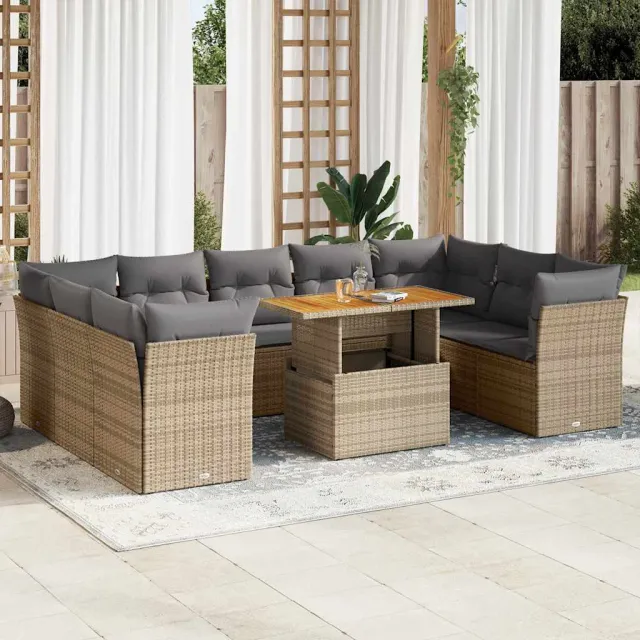 vidaXL 10-delige Loungeset met kussens poly rattan beige, foto 2
