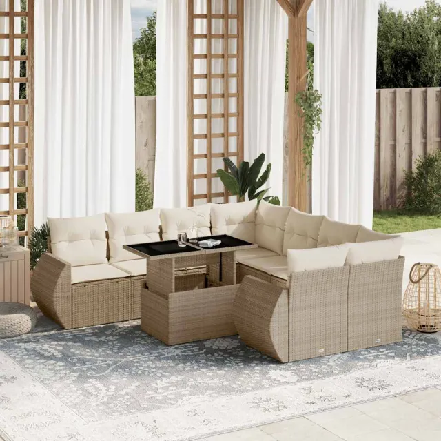 vidaXL 9-delige Loungeset met kussens poly rattan beige, foto 2
