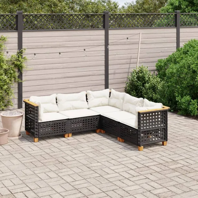 vidaXL 5-delige Loungeset met kussens poly rattan zwart, foto 2