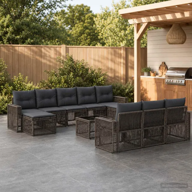 vidaXL Tuinbankenset 11 st 10-zits Grijs en Donkergrijs poly rattan