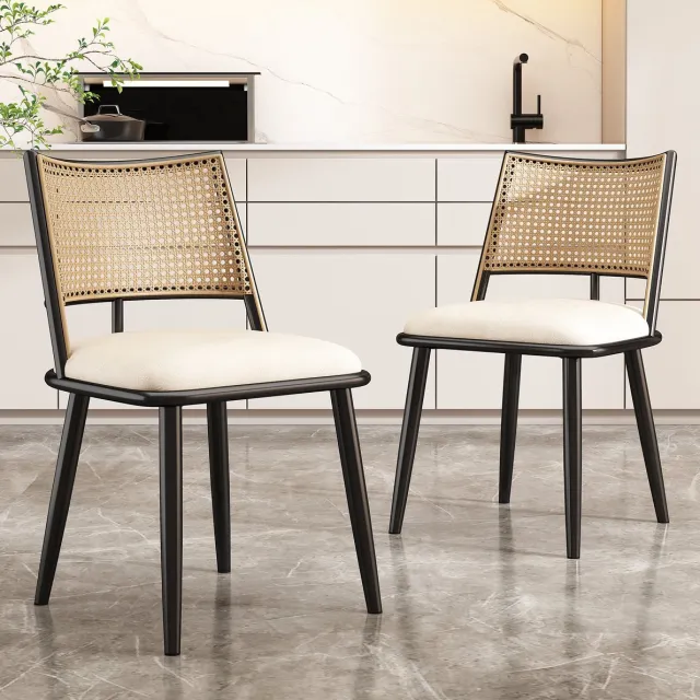 COVREO Eetkamerstoel set van 2 50x48x80 cm – zwart, kunstleren zitting, rotan rugleuning Black
