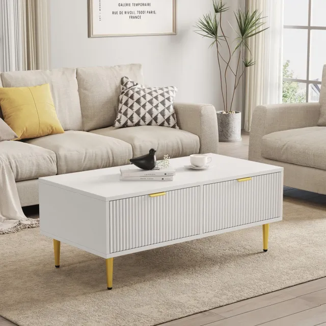 Sweiko Moderne witte salontafel met gouden accenten, 2 laden, verticaal streepontwerp, 100*50*40cm, woonkamer salontafel, sofa kort kabinet