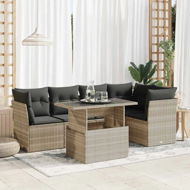 vidaXL 6-delige Loungeset met kussens poly rattan lichtgrijs grijs, foto 2