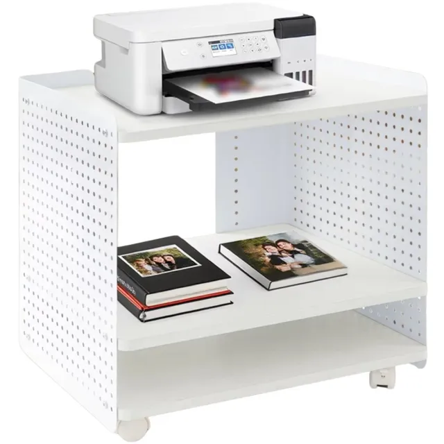 Happiq 3-laags rollende printerwagen – Voor kantoor en studeerkamer – mobiel opbergrek met planken en wielen voor printer, fax en accessoires – metaal/hout – wit
