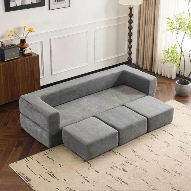 MEUNIQ Modulaire slaapbank 3-zits 201 x 75,5 x 50 cm, chenille, afneembare hoes, grijs, met slaapfunctie voor woonkamer en thuiskantoor