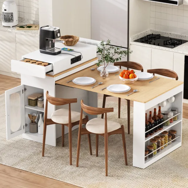 DESMIU Eettafel - Uitschuifbare Keukeneiland Met Opklapbaar Blad En Stopcontact - Voor Keuken En Eetkamer - MDF En Glas - Wit - 83x46x96 Cm