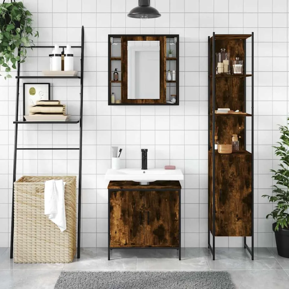 vidaXL 3-delige Badkamermeubelset bewerkt hout gerookt eikenkleurig, foto 2