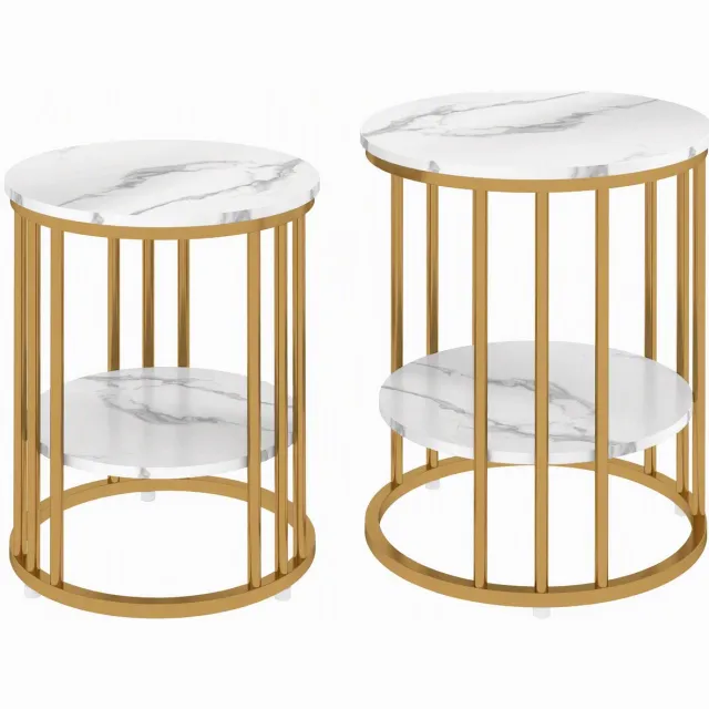 Homona Salontafel set van 2 - Rond - Met opbergruimte - MDF en metaal - Ø45 x 55 cm en Ø40 x 50,5 cm - Goud en wit