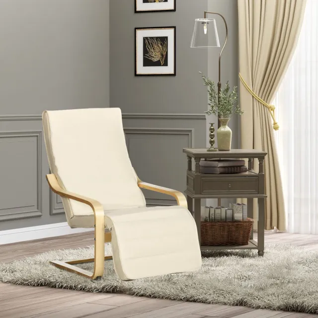 OKWISH Relaxfauteuil 66,5 x 94 x 100 cm - 5 Standen Verstelbare Voetensteun - Voor Woonkamer of Slaapkamer - Hout en Stof - Crèmewit Cream White