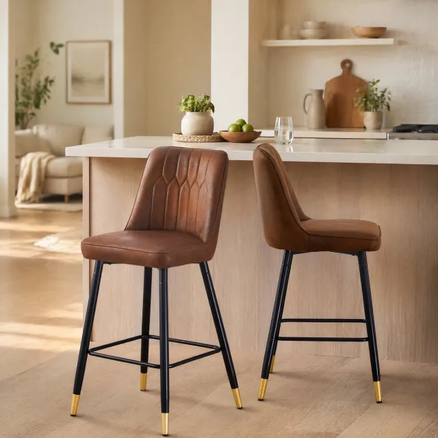 DESMIU Barkruk 100 Cm - Set Van 2 Met Rugleuning En Voetensteun - Voor Huisbar En Keukeneiland - Stof En Metaal - Bruin Zwart