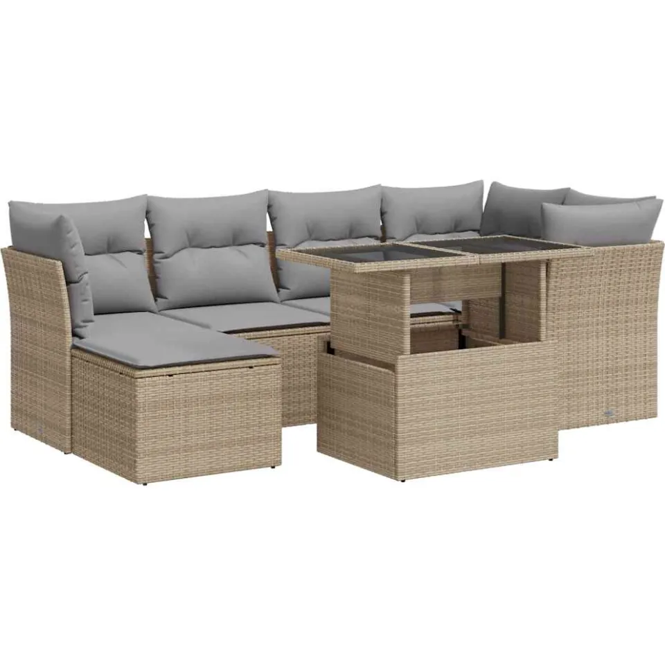 vidaXL 7-delige Loungeset met kussens poly rattan beige, foto 3