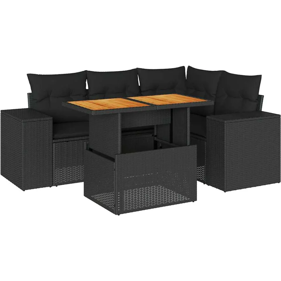 vidaXL 5-delige Loungeset met kussens poly rattan zwart, foto 3