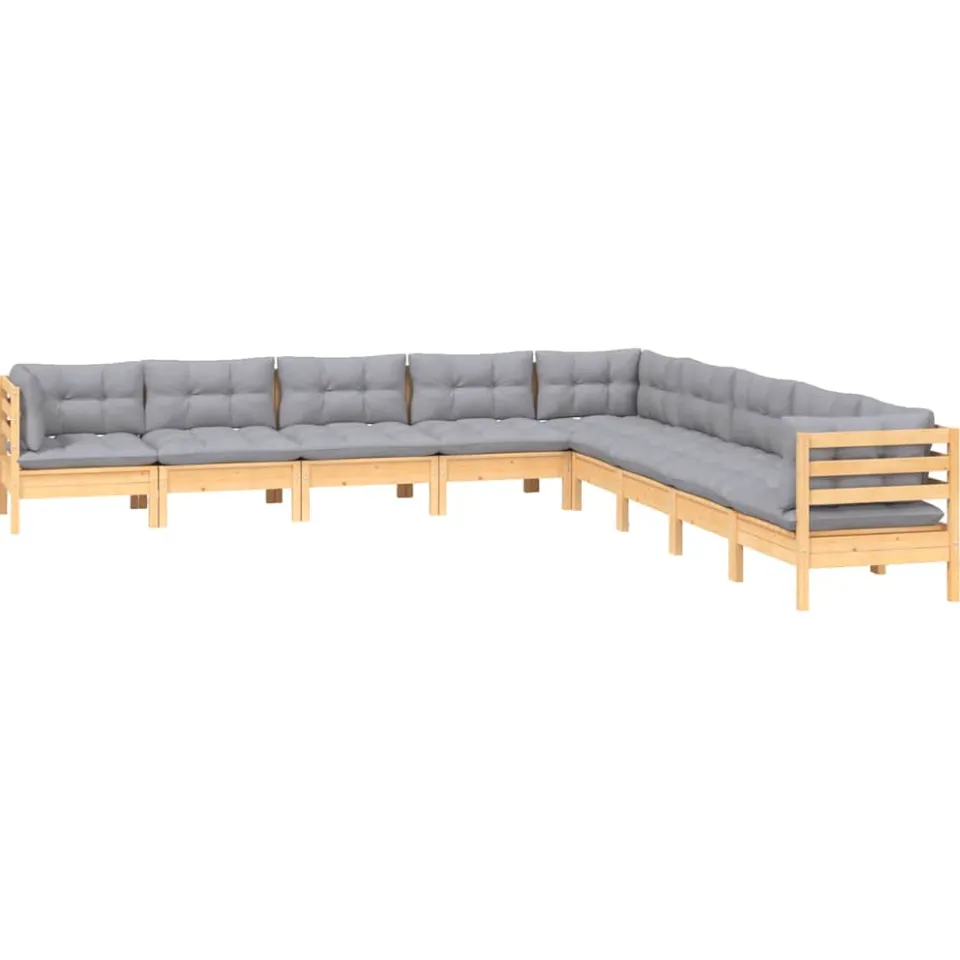 vidaXL 9-delige Loungeset met grijze kussens massief grenenhout Grijs