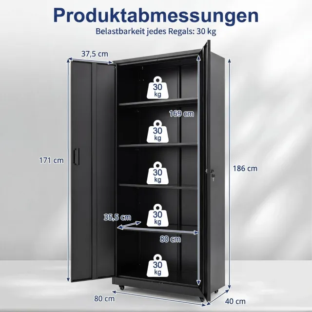 Costway Archiefkast met 5 niveaus, afsluitbaar, met dubbele deur en wielen Zwart