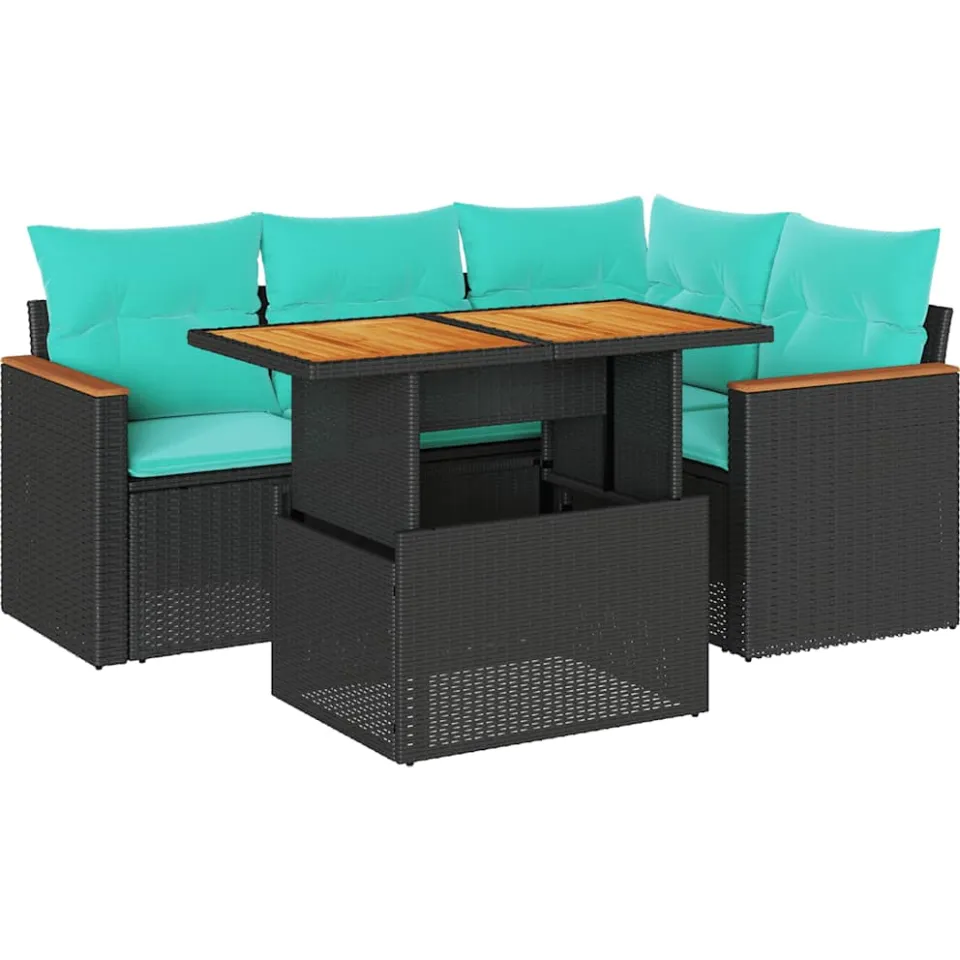 vidaXL 5-delige Loungeset met kussens poly rattan zwart, foto 3