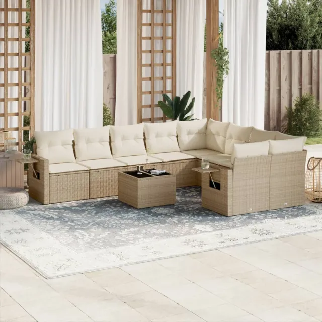 vidaXL 10-delige Loungeset met kussens poly rattan beige, foto 2