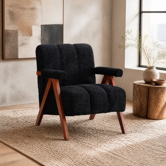 MEUNIQ Fauteuil met armleuningen en bouclé bekleding – houten frame, dik gevoerde zitting en hoge rugleuning voor woonkamer of slaapkamer – zwart