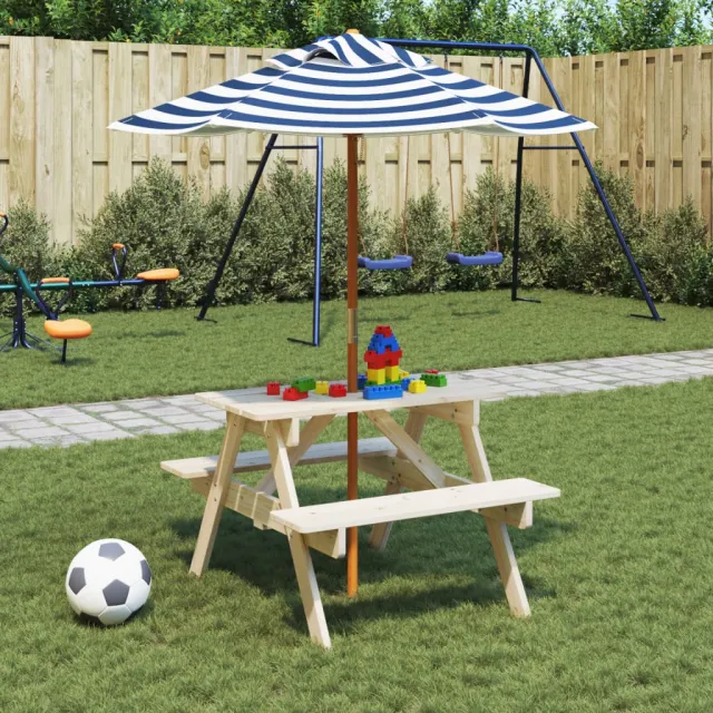vidaXL Picknicktafel voor 4 kinderen met parasol massief vurenhout bruin, foto 2