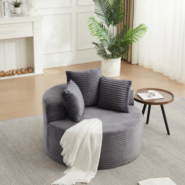 FloraGrace Fauteuil - Rond 110 cm - Met 3 Kussens En Brede Armleuningen - Voor Woonkamer, Slaapkamer En Speelhoek - Corduroy - Grijs