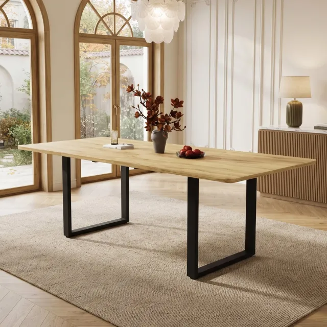 FloraGrace Uitschuifbare Eettafel - Drie Lengtes Voor 6 Tot 10 Personen - Rechthoekig MDF Met Metalen Poten - 220 x 80 x 75 Cm - Naturel Natuurlijk