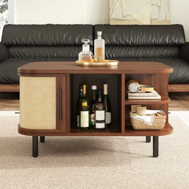 STILVORA Salontafel - Gebogen Vorm Met Opbergruimte - Voor Woonkamer En Werkruimte - MDF En Metaal - 80x60x47 Cm - Walnoot