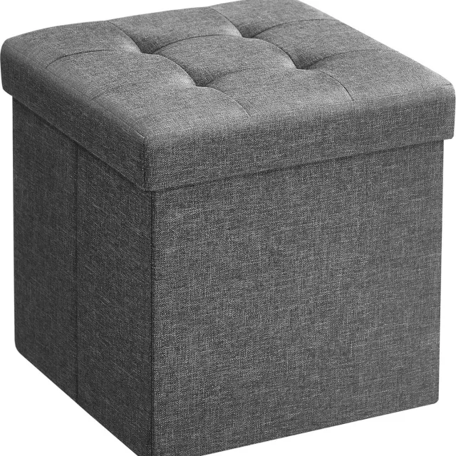 MAZAZU Opbergpoef met Opbergruimte - Hocker - Opvouwbare Kruk - Grijs - Linnen - 30 x 30 x 30 cm