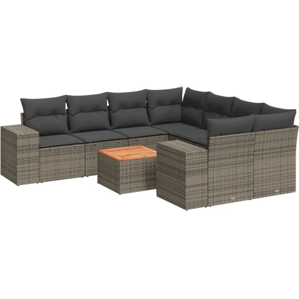 vidaXL 9-delige Loungeset met kussens poly rattan grijs