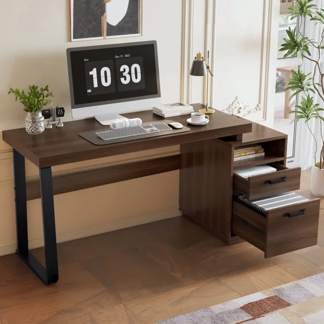 MUVANO Minimalistisch bureau - MDF bureau met stalen frame - Computertafel met opbergruimte - Bureau 135 x 54 cm - Werken en studeren - Thuiskantoor Bruin