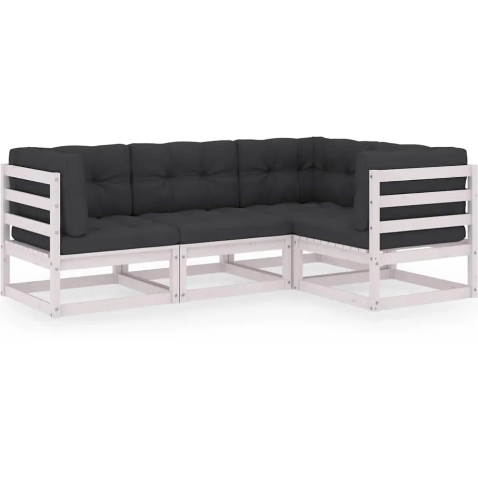 vidaXL 4-delige Loungeset met kussens massief grenenhout wit, foto 3