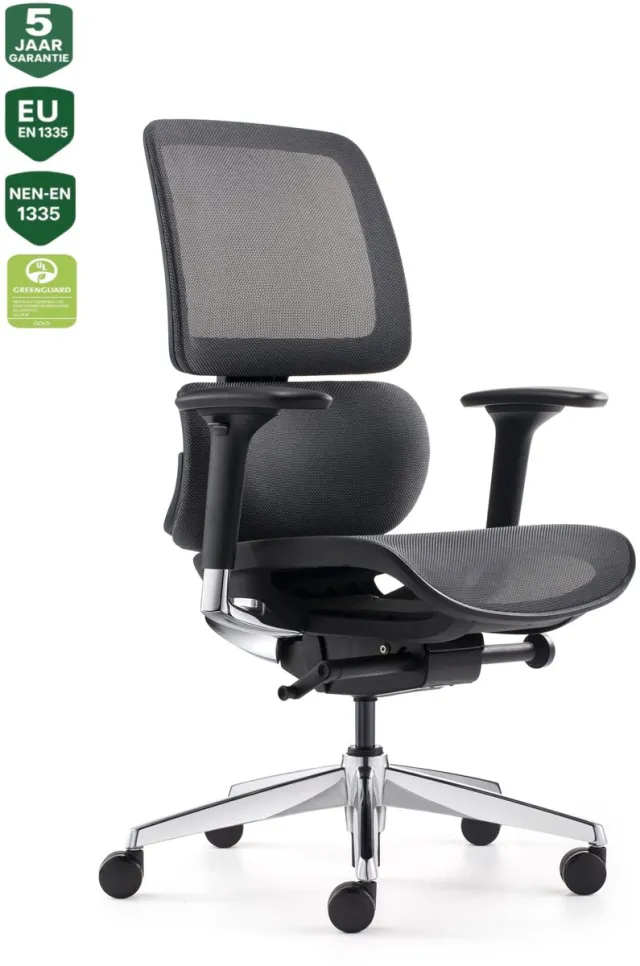 Bens 839D-Synchro-3 - Ergonomische Bureaustoel - Bureaustoel voor volwassenen - Kantoorstoel - Zwevende Zitting - Gepolijst Aluminium Voetenkruis - NEN-EN1335 & ARBO normen - GREENGUARD GOLD