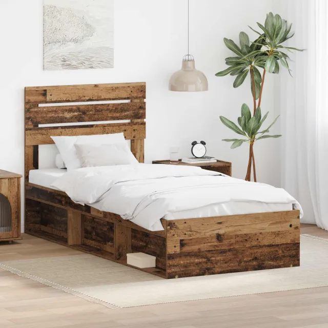 vidaXL Bedframe met hoofdeinde Oudhout 100 x 200 cm Massief grenenhout Bruin