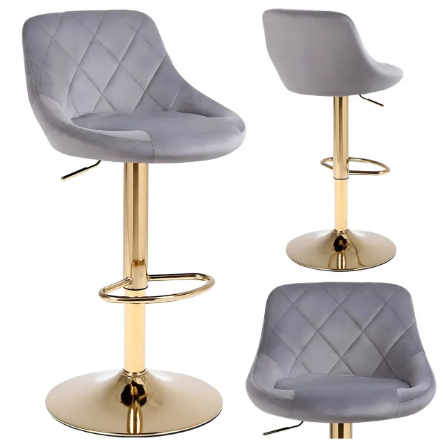 VELACO Barstoel XENA01 - Verstelbaar, Draaibaar, Goud & Grijs Velours Grijs & Goud
