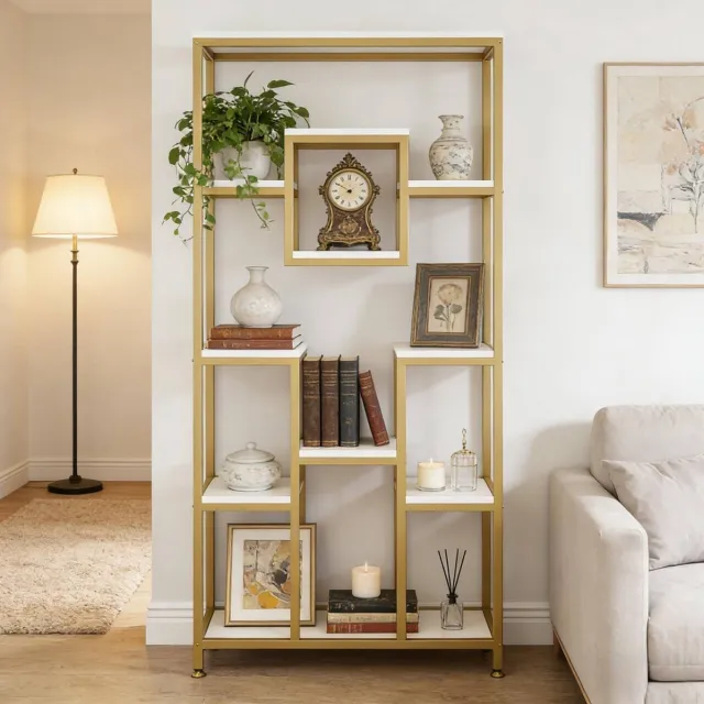 Wishdor Boekenkast - Geometrisch design - Open vakken - Vrijstaand - Goud wit - Metaal en hout - Voor woonkamer en slaapkamer - Design kast - 90 x 34 x 182 cm Goud+Wit
