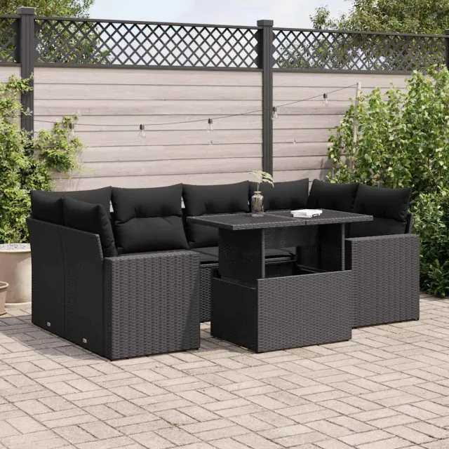 vidaXL 7-delige Loungeset met kussens poly rattan zwart, foto 2