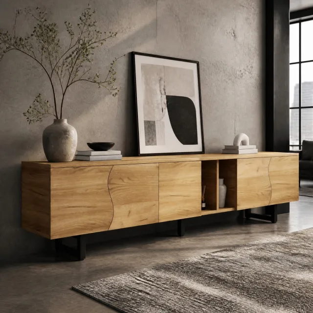 Maisentiel Tv-meubel met open vakken en gebogen deuren - naturel - 191 x 38 x 46,5 cm