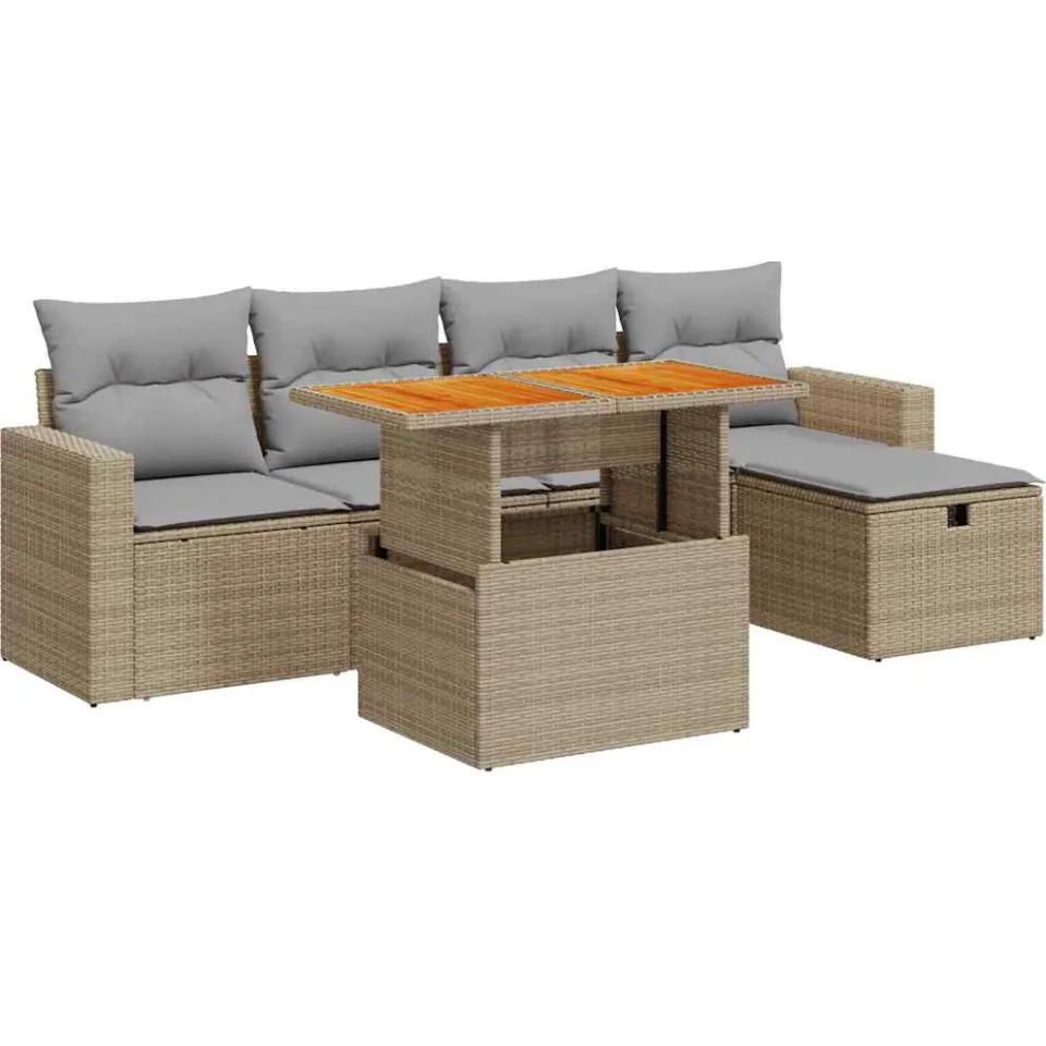 vidaXL 6-delige Loungeset met kussens poly rattan acacia beige