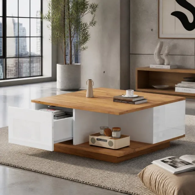 MEUNIQ Vierkante salontafel 70 x 70 x 31,5 cm met 3 lades en halfopen opbergruimte, wit en walnootkleurig, voor de woonkamer