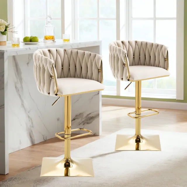 COVREO Barkruk 53 x 51 x 105 cm - ivory velvet, verstelbare hoogte, 360 draaibaar Ivoor