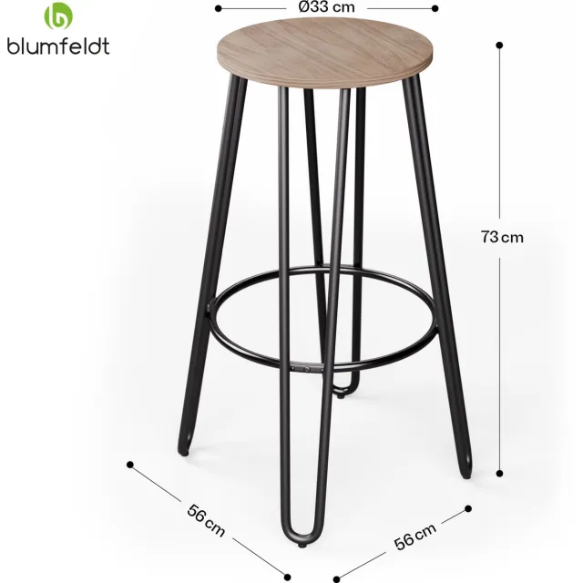 Blumfeldt Bistrostoel – Industriestijl houten zitting Ø33 cm, Stalen frame met voetsteun, Robuuste & elegante barkruk, Eenvoudig te reinigen, Barkruk, Eiken
