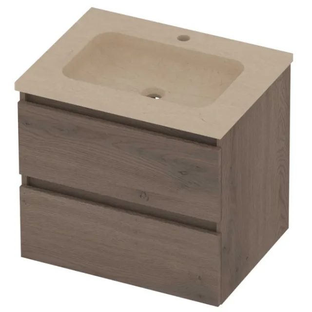 Basic-Line Rocky 46 Badmeubelset Hardsteen 1 Kraangat Greeploos 60x46x54 cm Dusk Oak Sand Stone Beige