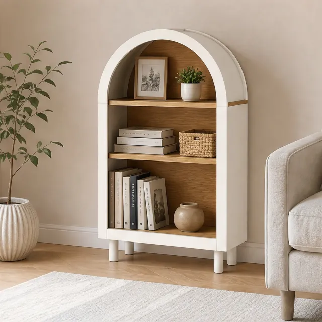 City long dragon LONG DRAGON - Boekenkast - 95 cm wit - gewelfd ontwerp met 3 open vakken en houtnerf-accenten