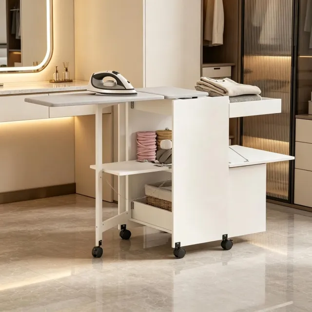 MODFU Strijkkast - Opvouwbare Strijktafel Met Wielen - Schuifdeuren - Wit - MDF