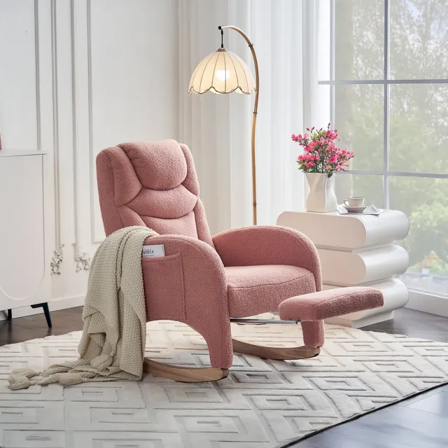 REDOM Schommelstoel - Met armleuningen en uitklapbare voetsteun - Gepolsterde zitting - Design - Woonkamer, slaapkamer of werkkamer - Hout en teddy stof - Roze - 66 x 96 x 99 cm