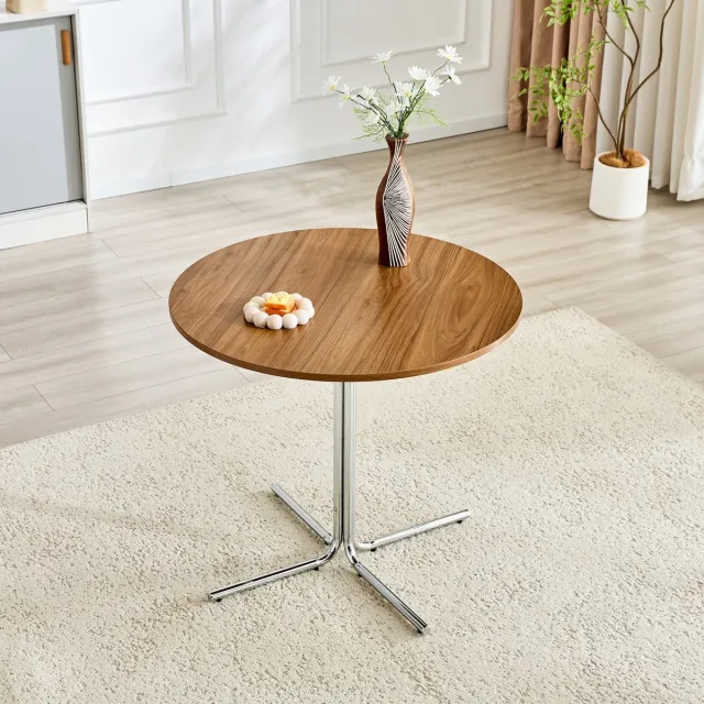 MEUNIQ ronde bijzettafel 85 x 85 x 76 cm, salontafel met MDF tafelblad in walnootkleur en verchroomd metalen 3-poot onderstel, voor woonkamer, eetkamer, balkon of kantoor Silver