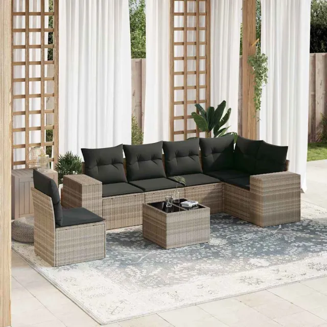 vidaXL 7-delige Loungeset met kussens poly rattan grijs, foto 2