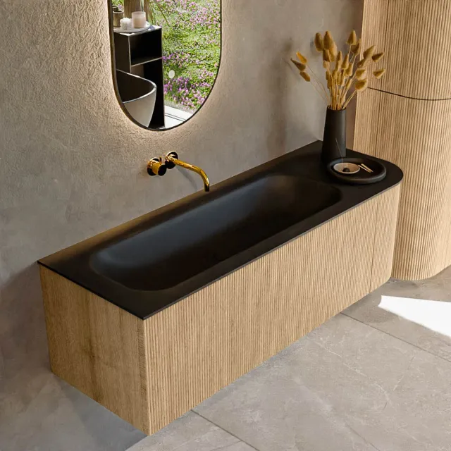 Mondiaz KURVE 135 cm Onderkast Greeploos 1 Lade Met Deuren Oak, Wastafel Solid Surface Links Urban 0 Kraangaten Zonder Spiegel (KRVBGM135R1L1D0KL-Oak/Urb)