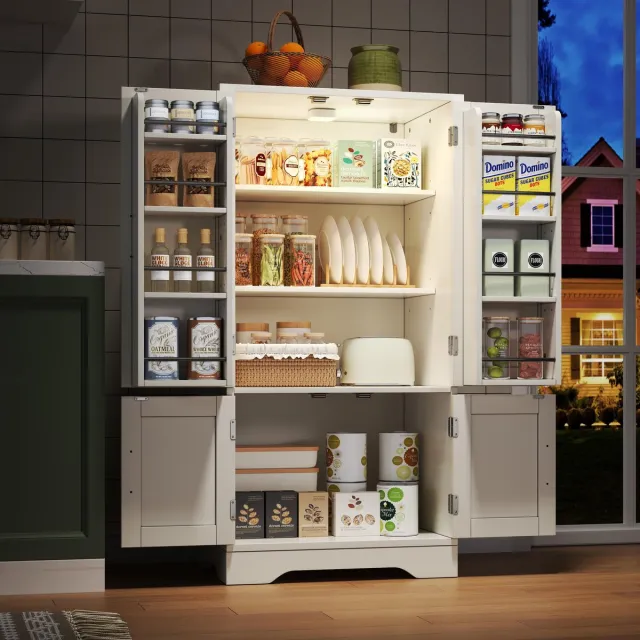 Welltin Keukenkast - 120x60x40 cm met LED-sensorverlichting, grote opbergkast met 4 deuren, verstelbare planken en deurvakken – geschikt voor keuken, eetkamer of woonkamer, wit